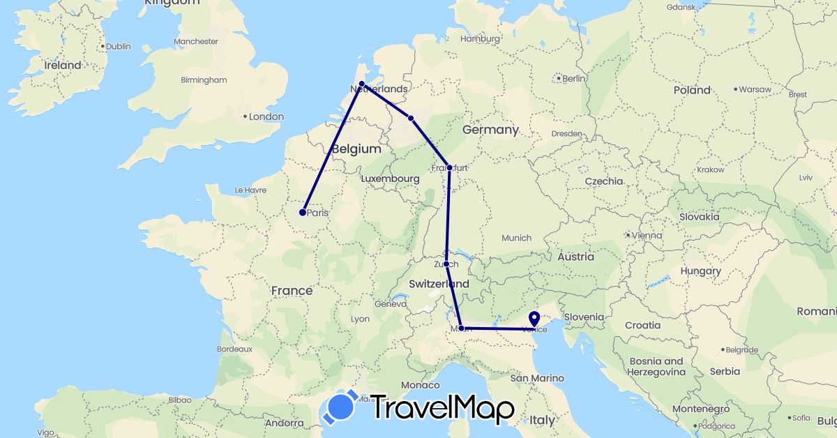 TravelMap itinerary: driving in Switzerland, Germany, France, Italy, Netherlands (Europe)